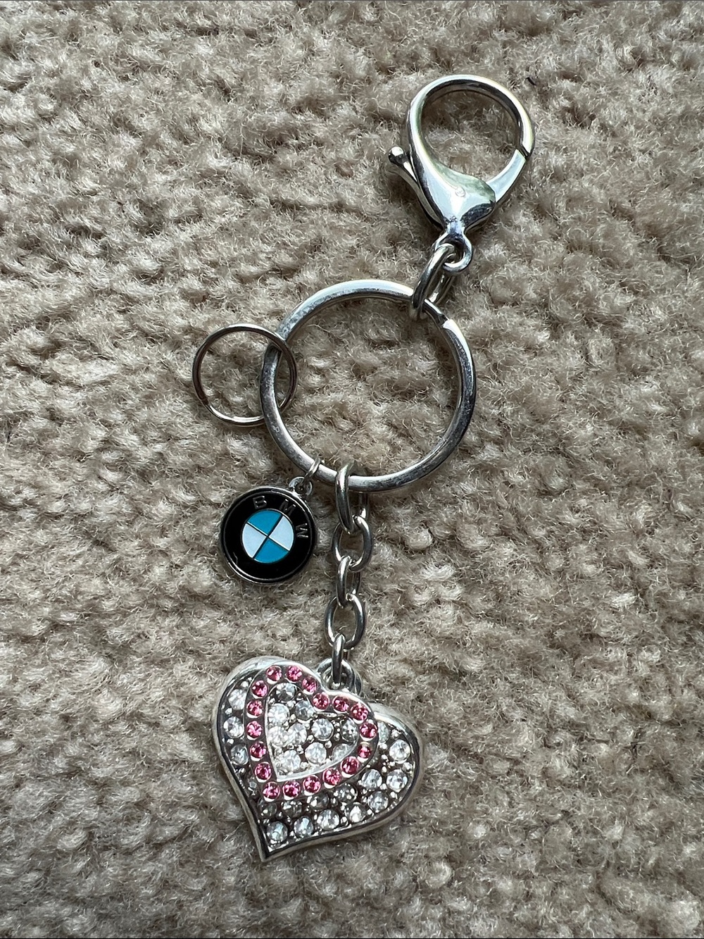 BMW Charm Silver Bag Purse Keyring Accessory Pink and Clear Rhinestone Hearts